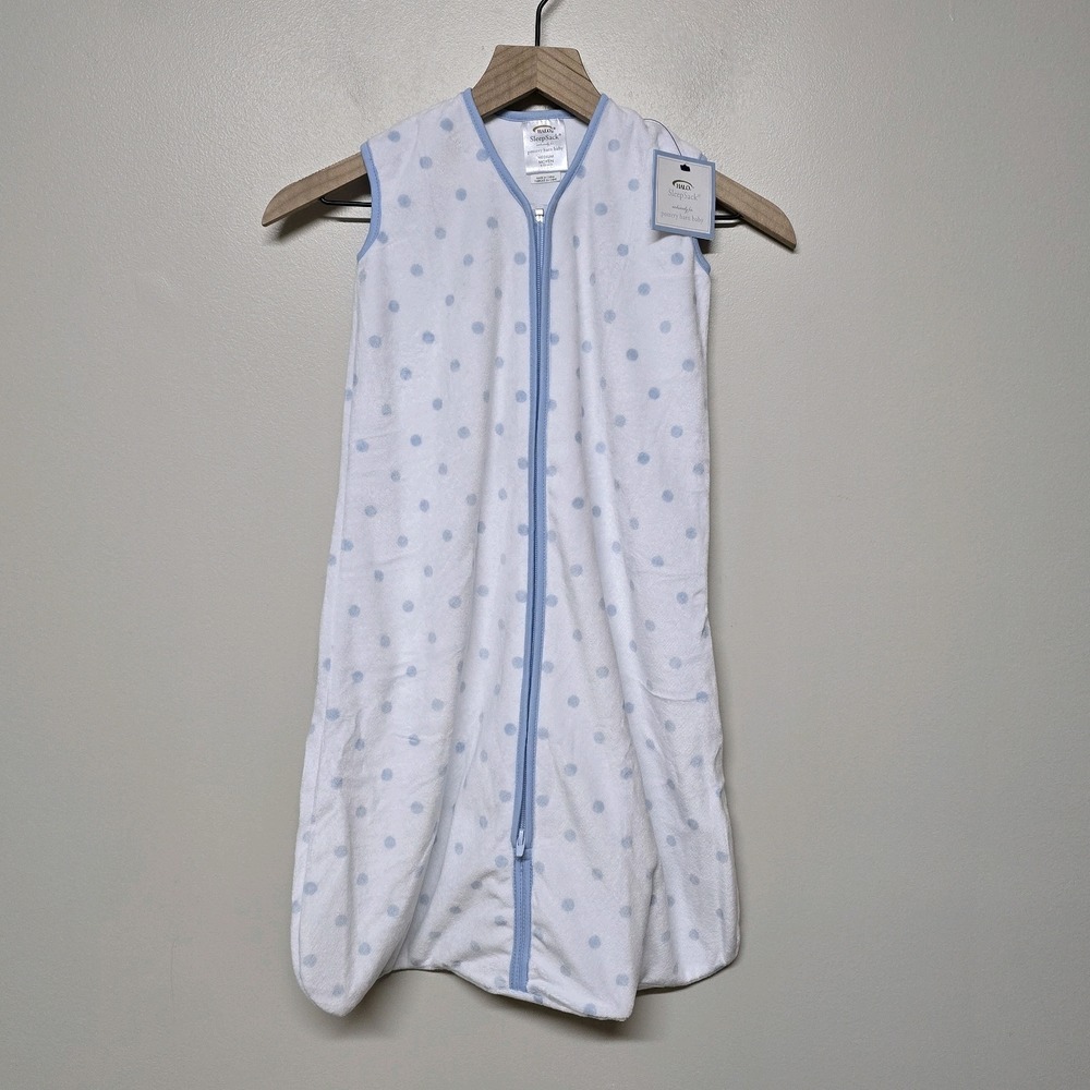 POTTERY BARN BABY SLEEP SACK HALO SWADDLE MED 6-12  MONTHS BLUE POLKA DOTS